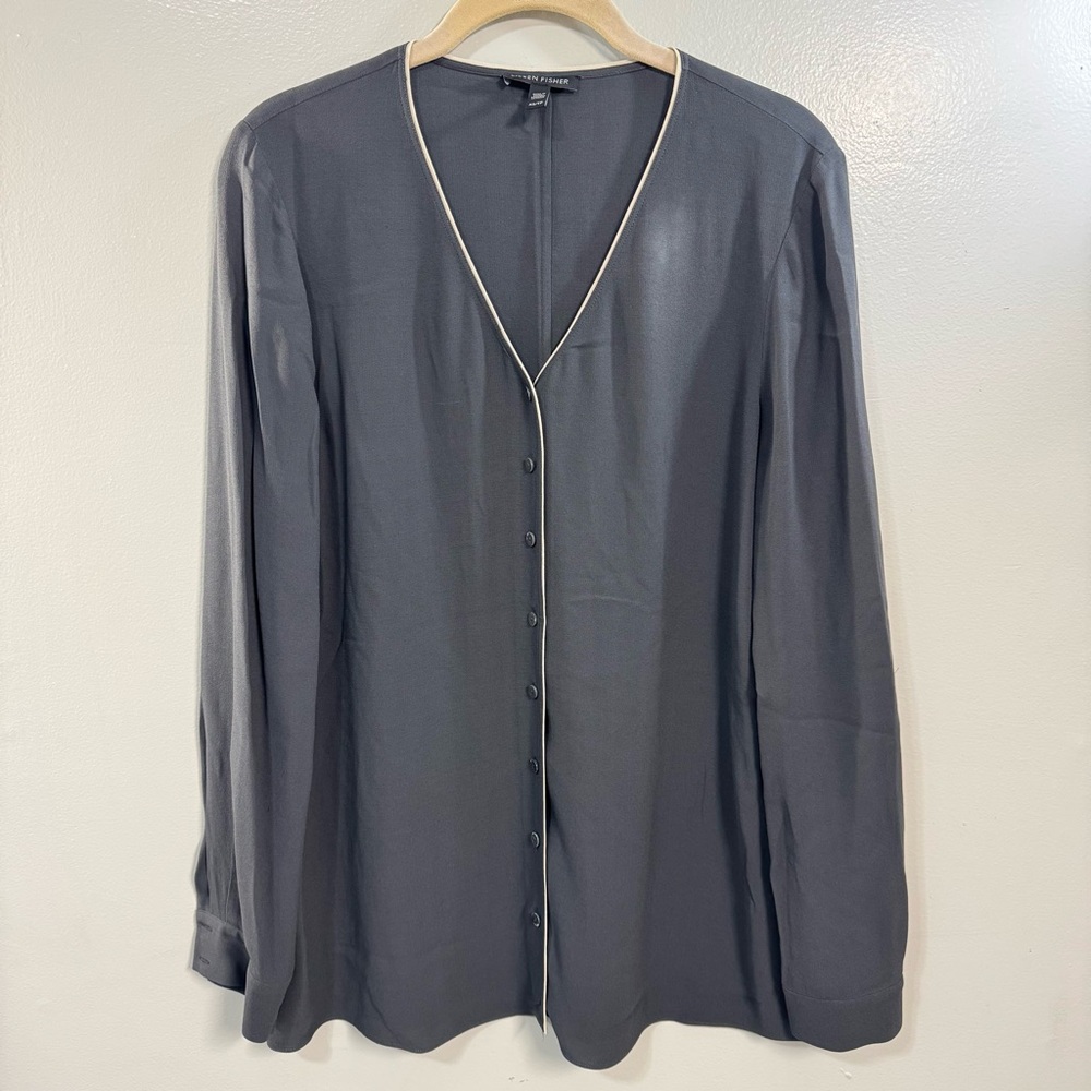 Eileen Fisher 100% Silk Charcoal Button-Up Shirt Blouse